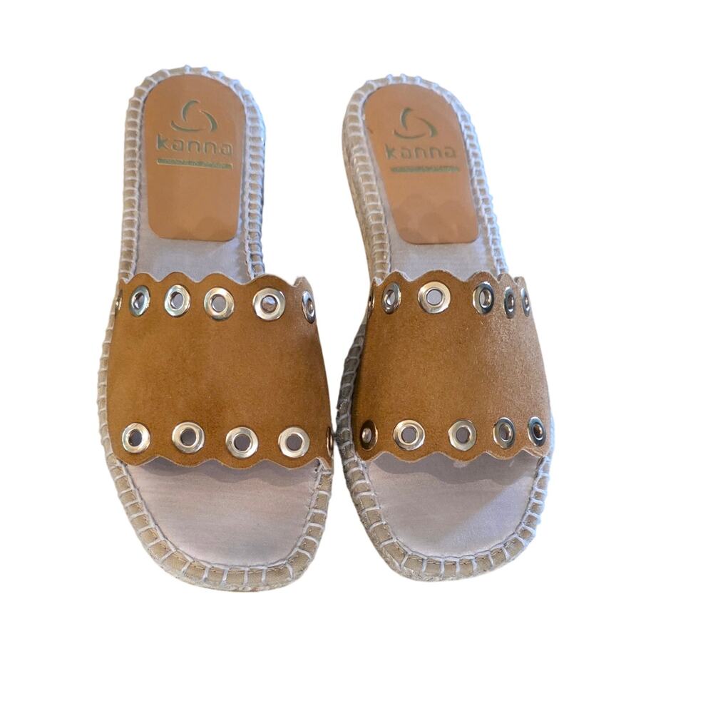 Kanna Women's Brown Tan Espadrilles Leather Size 7.5 scalloped blingy‎